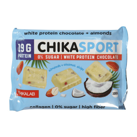 CHIKALAB Белый шоколад Сhicasport 100 гр. с миндалём и кокосовыми чипсами