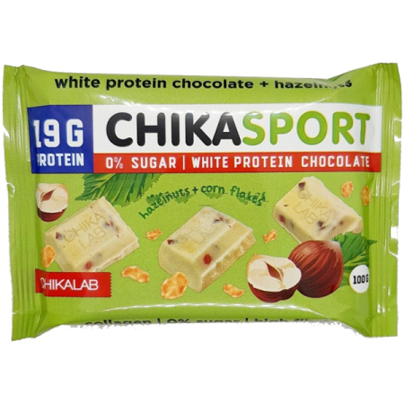 CHIKALAB Белый шоколад Сhicasport 100 гр. с фундуком и кукурузными чипсами