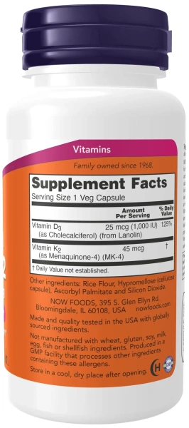NOW Vitamin D3 1000 IU K2 45 mcg 120 vegcaps