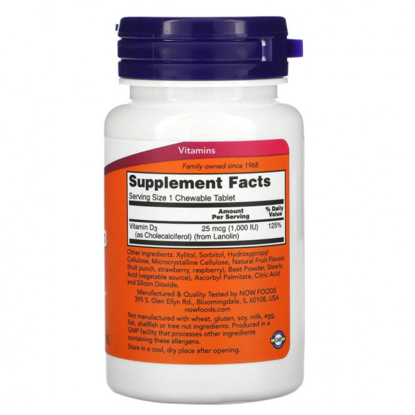 NOW Vitamin D-3 1000 IU 180 жев. пастилкок