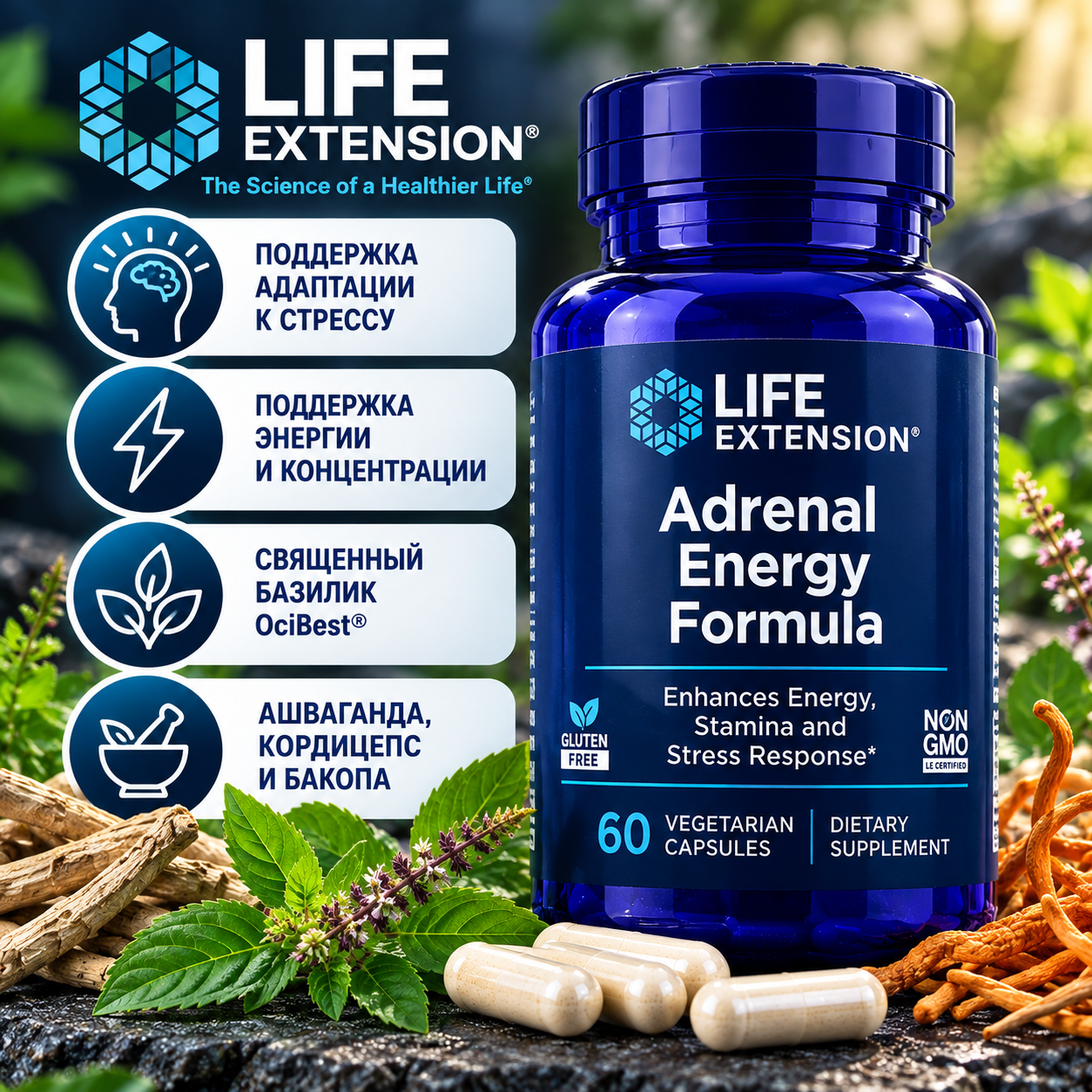 LIFE EXTENSION Adrenal Energy Formula, 60 раст.капсул